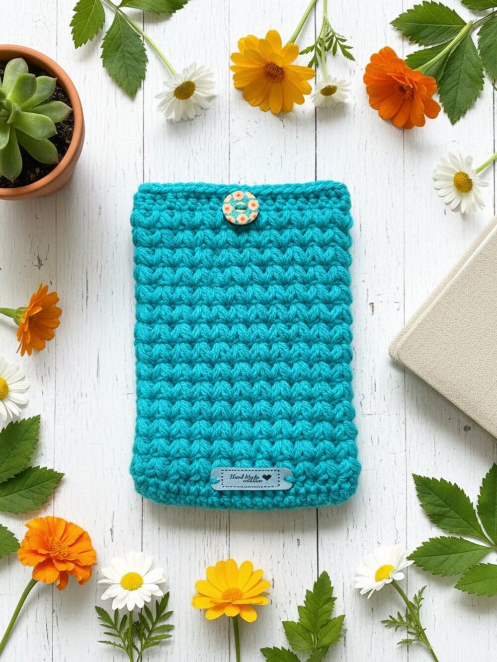 Kindle Paperwhite Sleeve — Teal Garden Crochet E-Reader & Paperback Book Cover